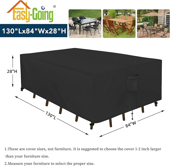 Easy-Going Rectangle Patio Furniture Cover Waterproof Outdoor Dining Table and Chair Cover Anti-UV Outside Sectional Sofa Set Covers (130"L x 84"W x 28"H, Black)