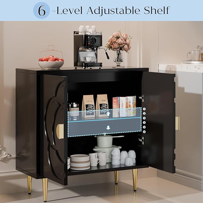 TOLEAD Modern Cabinet with Decorative Flower Pattern Doors - Accent Sideboard Buffet for Hallway, Living Room, Kitchen - Black