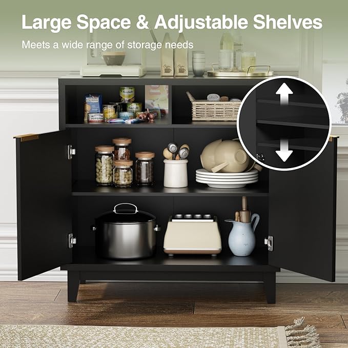 Buffet Cabinet with Storage - Elegant Fluted Storage Cabinet with Adjustable Shelves and Solid Wood Leg, Modern Buffet Sideboard for Living Room, Dining Room, Entryway