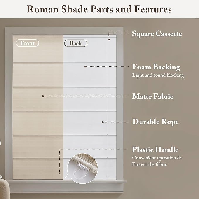 Madison Park Galen Matte Linen Cordless Roman Shades - Fabric Privacy Single Panel Darkening, Energy Efficient, Thermal Insulated Window Blind Treatment, for Home, Living Room Decor, 23" W x 64" H