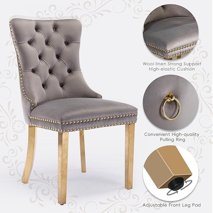 Velvet Upholstered Dining Chairs Set of 2, Modern Style Kitchen Side Chairs with Nailhead Trim and Gold Plated Leg, Metal Pulling Ring for Dining Room Living Room(Gery-Gold Plated Leg)