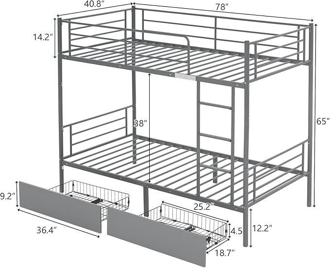 Karl home Grey Bunk Bed Twin Over Twin with 2 Storage Drawers, Metal Bunk Bed with Built-in Ladder and Safety Guardrail, Space-Saving Twin Bunk Beds for Kids, Teens & Adults, No Box Spring Needed