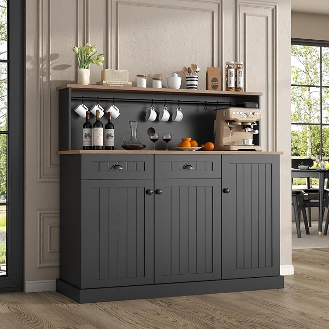 Sideboard Buffet Cabinet with 2 Drawers, Farmhouse Kitchen Pantry with Adjustable Shelves, Coffee Bar Cupboard Cabinet with 3 Doors for Kitchen, Dining Room (Black)