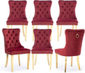 Velvet Upholstered Dining Chairs Set of 6, Modern Style Kitchen Side Chairs with Nailhead Trim and Gold Plated Leg, Metal Pulling Ring for Dining Room Living Room(Wine Red-Gold Plated Leg)