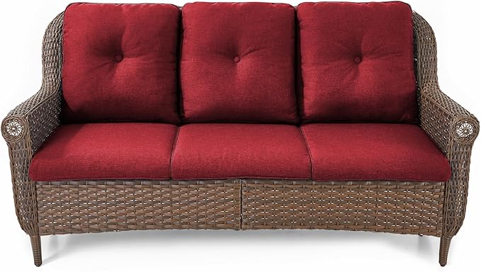Patio Couch Outdoor Wicker Sofa - Heavy Duty All-Weather Brown Rattan 3-Seater with High Back and Comfortable Thick Cushions for Garden Back Porch Poolside Apartment - Red