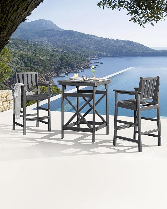 3-Piece Adirondack Chairs and Table Set, HDPE Patio Bar Sets, All Weather Outdoor Bar Stools Set, HDPE Adirondack Bar Height Chairs and Bar Table for Balcony, Pool, Porch, Smoke Gray