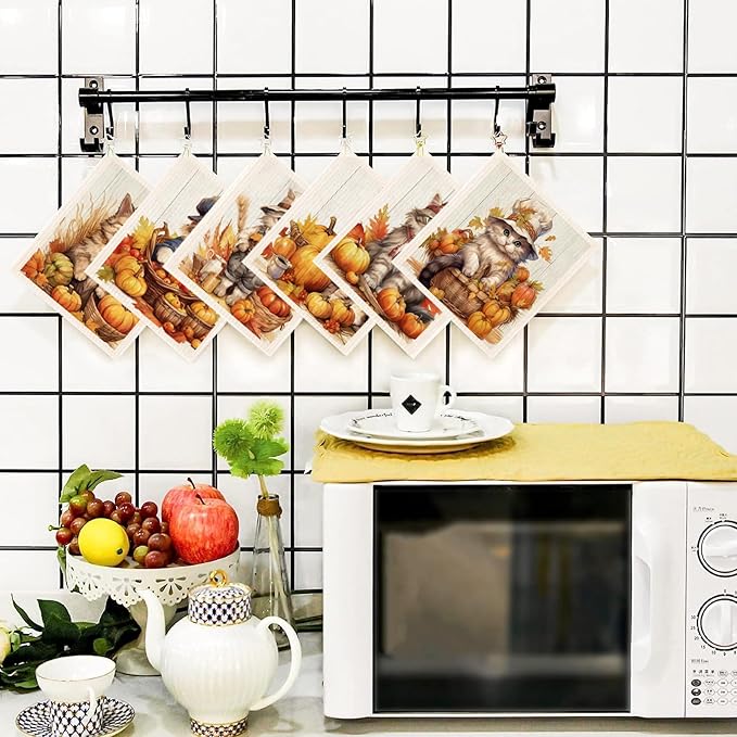 Morigins Swedish Dishcloths for Kitchen,6 Pack Fall Pumpkin Cat Swedish Dish Towels,Cellulose Sponge Cloths,Non Scratch Reusable Paper Towels, Biodegradable and Reusable Kitchen Dish Rags
