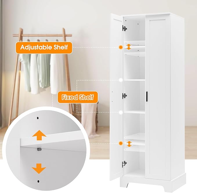 Tall Storage Cabinet, Bathroom Floor Freestanding Storage Cabinet with 2 Doors, 5 Shelves, and Adjustable Shelves for Bathroom, Office, Living Room, White