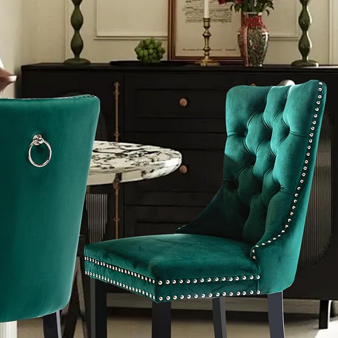 Velvet Upholstered Dining Chairs Set of 4, Modern Style Kitchen Side Chairs with Nailhead Trim and Wood Legs,Metal Pulling Ring for Dining Room Living Room(Green)