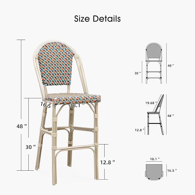 PURPLE LEAF French Bar Stool Set of 4 White Print Finish Patio Bar Stools with Back Rattan Bar Chairs Wicker Bar Height Stool 30" with Footrest Kitchen Island Stools Outdoor Barstool Colorful