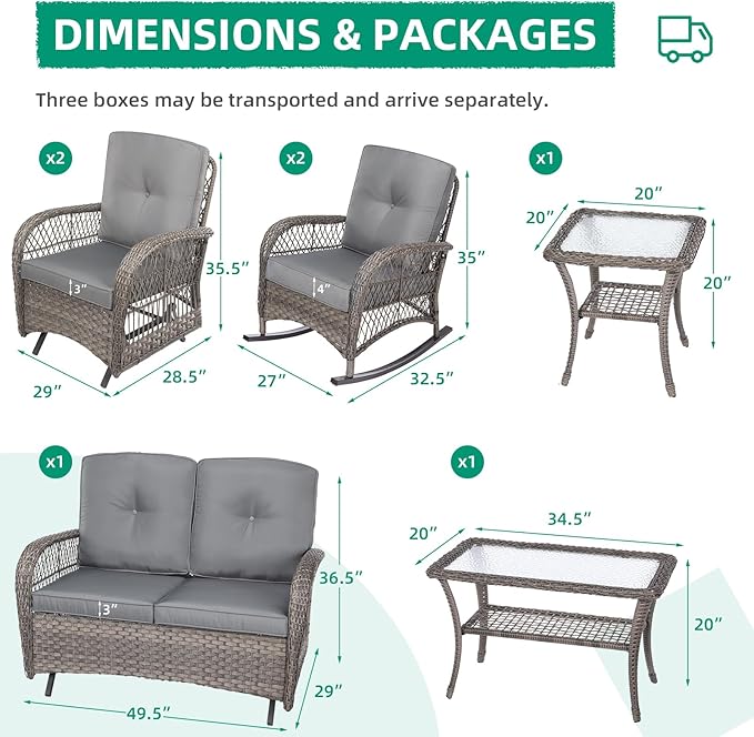 VIVIJASON 7-Piece Outdoor Patio Wicker Conversation Sets, All Weather Outdoor Rattan Furniture Set Includes Glider Loveseat, 2 Rocking Chairs, 2 Glider Rocker Chairs, 2 Coffee Table, Grey