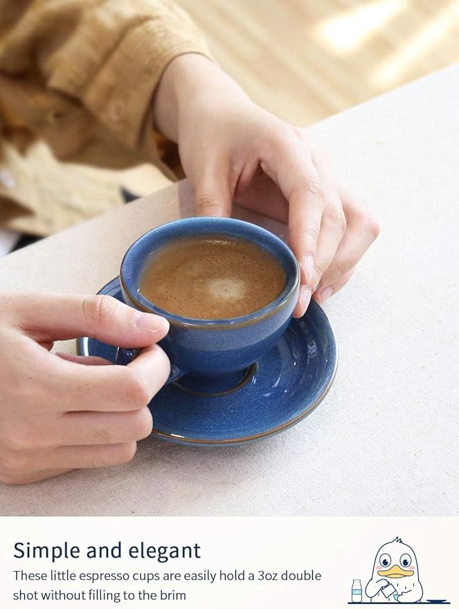 LE TAUCI 6 oz Cappuccino Cups with Saucers, Ceramic Coffee Cup for Au Lait, Double shot, Latte, Cafe Mocha, Tea - Set of 4, Ceylon Blue