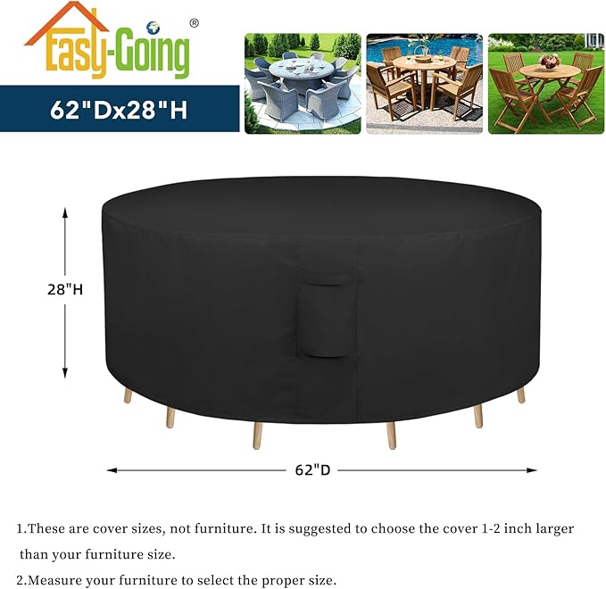 Easy-Going Round Patio Furniture Cover Waterproof Outdoor Dining Table and Chair Cover Anti-UV Outside Sectional Sofa Set Covers (62" Dia x 28" H, Black)