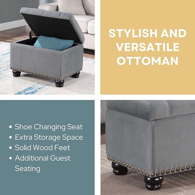 Convenience Concepts Designs4Comfort 5th Avenue Storage Ottoman 24" - Contemporary Foot Stool and Seat with Hinged Lid for Living Room, Dining Room, Office, Den, Gray Velvet