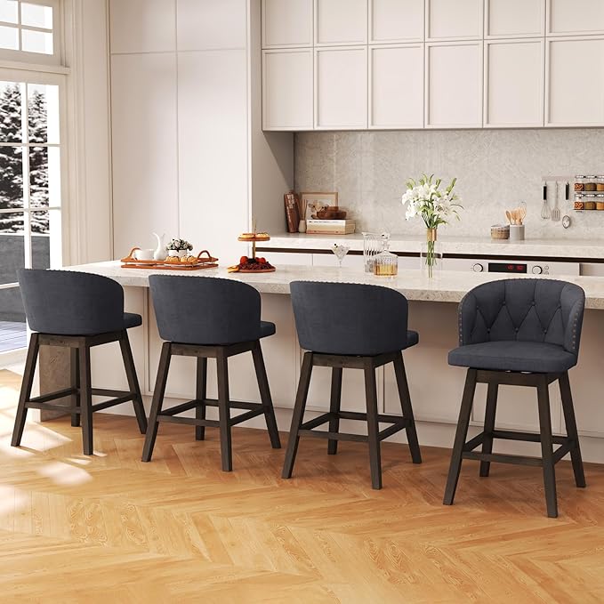 COSTWAY Counter Height Bar Stools Set of 4, Fabric Upholstered Island Stools with 360° Swivel Seat & Button-Tufted Back, Modern Pub Stools with Solid Rubber Wood Frame (Grey,4)