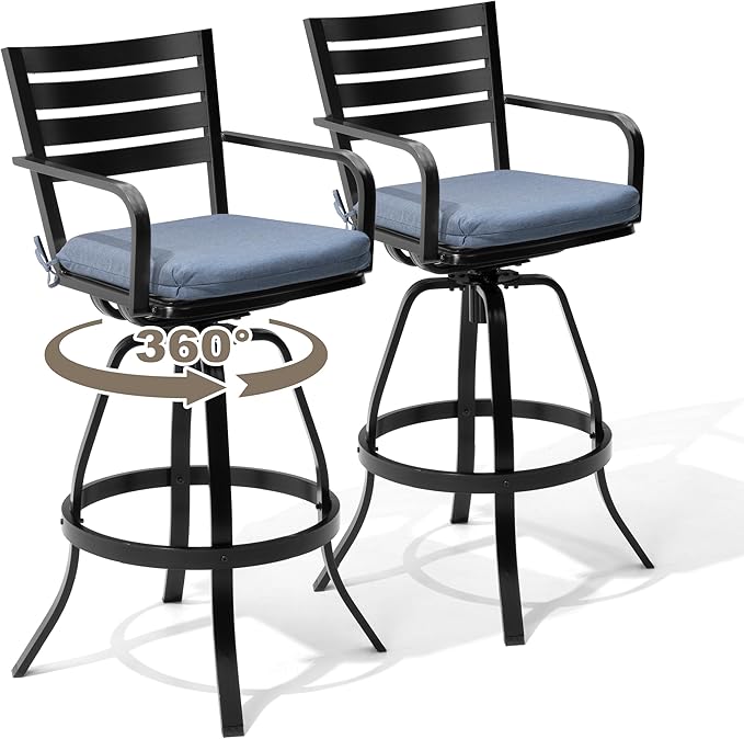 Pellebant Outdoor Bar Stools Set of 4 with Sunbrella Cushion, 29.5" Aluminum Swivel Bar Height Stool Chairs with Back & Footrest, Rust-Proof Patio Bartools for Deck Lawn Garden, Spectrum Denim