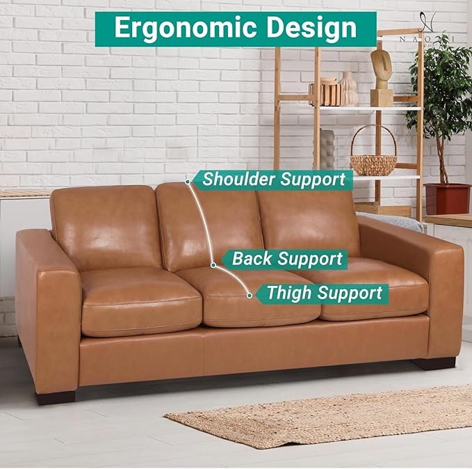 Naomi Home Freya Genuine Leather Sofa - Luxurious Comfort, Goose Feather Cushion Filling, Square Arm Design, Sturdy Block Legs, Elegant Tan - Ideal for Living Room, Office, or Bedroom