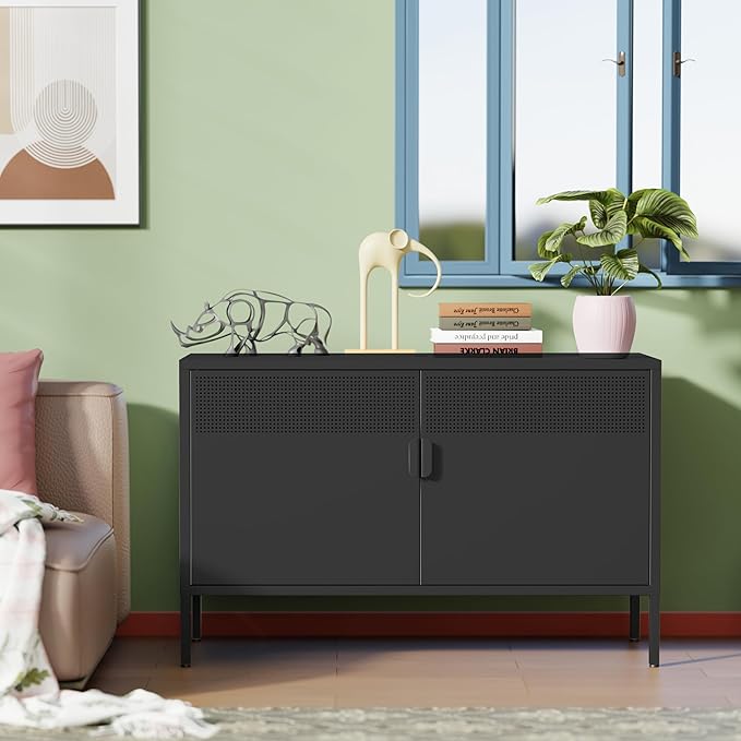 Black Wide Metal Locker Storage Cabinet, 2 Door Accent Cabinet for Home and Office, 2 Tier Low Metal Cabinet With Doors and Shelf, Multipurpose TV Stand