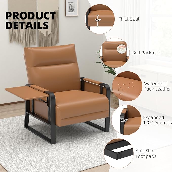 Upholstered Accent Chair, Modern Faux Leather Sofa Chair with Foldable Side Tray Table & Storage Pocket, Small Accent Sofa for Living Room, Bedroom, Reception Room, Brown