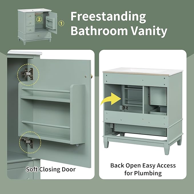 Bathroom Vanity with Ceramic Sink 30 inch, Multi-Functional Storage Cabinet with Drawers and Door Shelf, Solid Wood Frame, Soft-Closing Door, Light Green