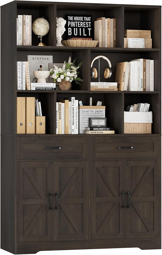 HOSTACK 71" Tall Bookcase with Drawer and Door, 47" Wide Book Shelf and Bookcase with Storage, 6 Tier Large Book Storage Cabinet with 14" Deep Display Shelves for Living Room, Home Office, Dark Brown
