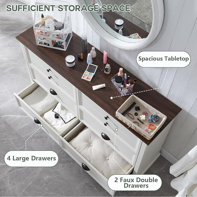 Farmhouse 6 Drawers Dresser for Bedroom, 58" Wide Dresser Chest of Drawers Organizer Storage, Wood Rustic Chest for Closet w/Two Different Drawer Sizes for Living Room, Hallway, White