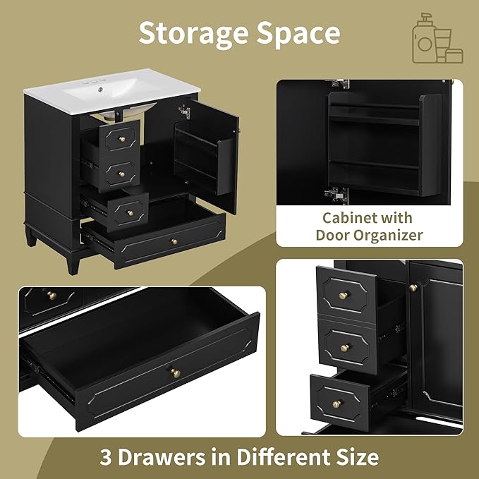Bathroom Vanity with Ceramic Sink 30 inch, Multi-Functional Storage Cabinet with Drawers and Door Shelf, Solid Wood Frame, Soft-Closing Door, Black