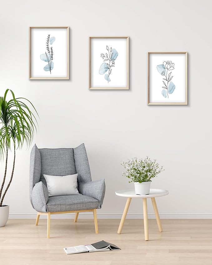HesenDot Framed Blue Floral Canvas Wall Art,Minimalist Botanical Wall Art Decor,12x16IN Wood High Framed Prints,Boho Flowers Artworks Prints Posters for Living Room,Kitchen,Bedroom Set of 3