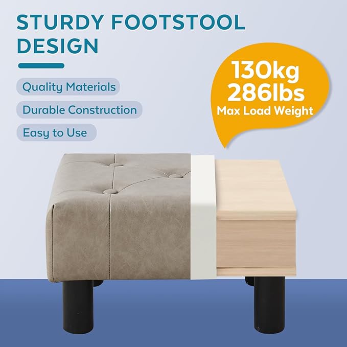 Small Foot Stool Ottoman, Faux Leather Footstool Ottoman Foot Rest for Couch, Rectangle Footstools and Ottomans Small for Living Room, Entryway and Bedroom (Gray)