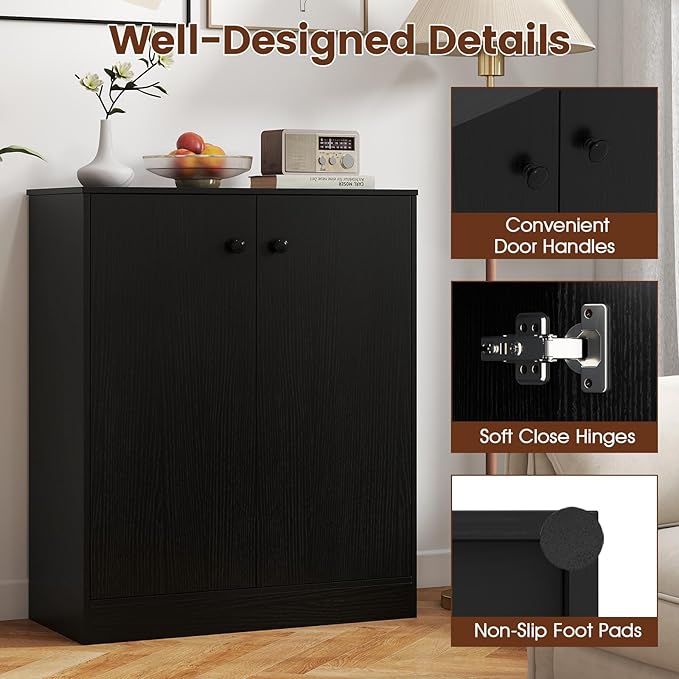 GOFLAME Floor Storage Cabinet with 2 Doors, Freestanding Accent Storage Cabinet Organizer with 3-Tier Inner Shelves, Modern Sideboard Buffet Cabinet for Kitchen, Living Room, Entryway, Black