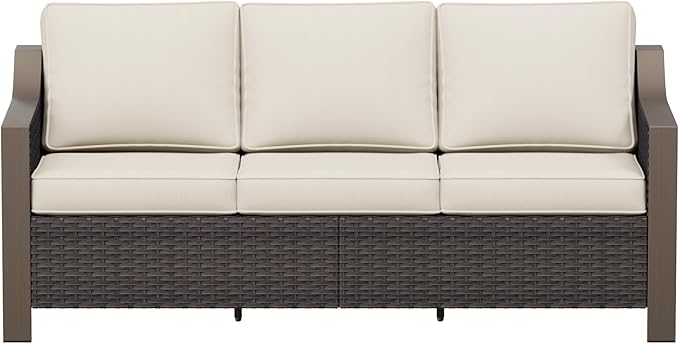 75" Patio Metal Wicker Sofa, 3-seat Deep Seat & Upholstered Couch, Outdoor All-Weather Rattan Loveseat with Washable Cushions, Steel Frame, Garden (Beige and Brown Stripe)