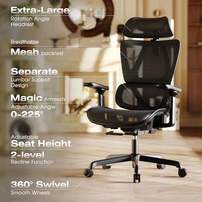 ELABEST T11 Ergonomic Office Chair,High Back Desk Chairs with Separate Lumbar Support,Magic Armrests,Adjustable Wide Headrest,Comfy Executive Computer Chair,Big and Tall Mesh Chair for Home Office