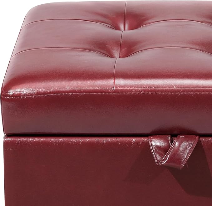 Adeco Faux Leather Storage Ottoman with Hinged Lid, 14 Inch High Red Square Cube Foot Stool with Storage, Upholstered Vanity Stool with Solid Wood Legs for Living Room, Bedroom, Dorm