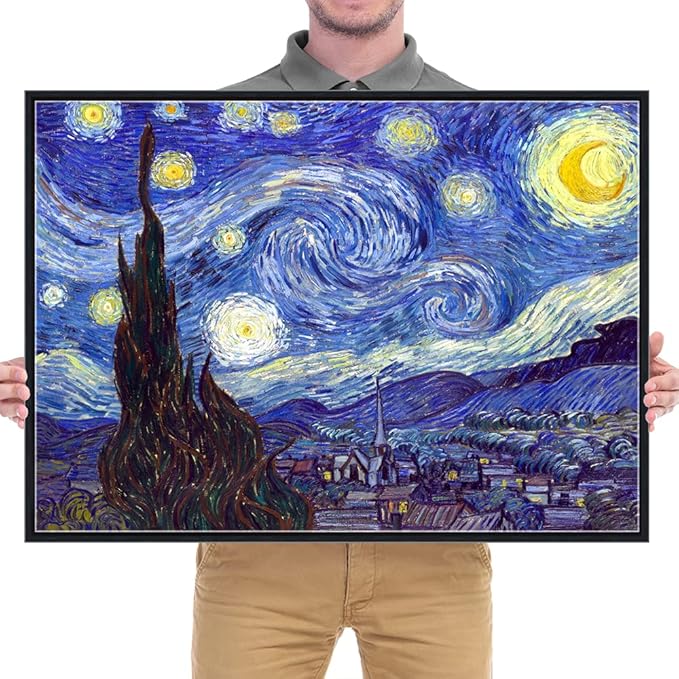 Wieco Art Framed Art Canvas Prints of Starry Night by Vincent Van Gogh Paintings Reproduction Post-Impressionism Artwork Framed Wall Art for Living Room Home Decorations Black