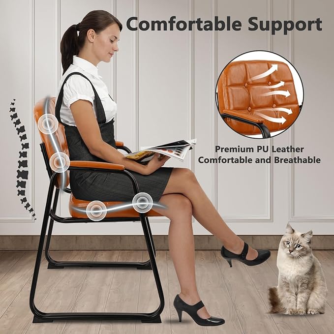 CLATINA Waiting Room Chairs with Padded Arms Leather Guest Chair no Wheels for Office Reception and Conference Desk with Sled Base Orange