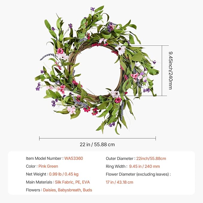 VEVOR Spring Wreath for Front Door 22 Inch - Large Artificial Flower Wreath with Daisy & Lavender, Year-Round All Season Outdoor Indoor Door Decor