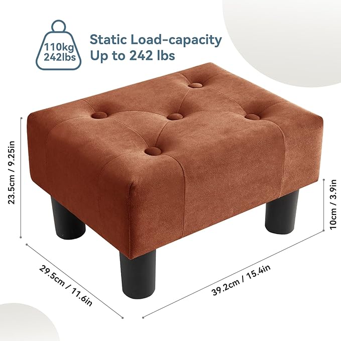 Poofzy Small Foot Stool Ottoman, Velvet Ottoman Foot Rest with Legs, Rectangle Foot Rest for Couch, Footstools and Ottomans Small for Living Room and Entryway (Rrown)
