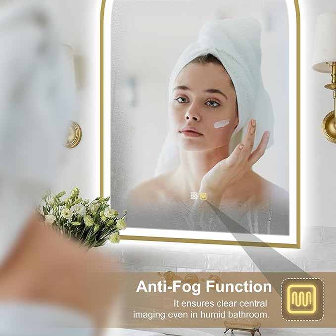 S'bagno 24x36 Arched Gold LED Mirror for Bathroom with Frontlit & Backlit, LED Bathroom Mirror with Metal Frame, Anti-Fog, Stepless Dimmable, 3 Color Temperature Vanity Mirror