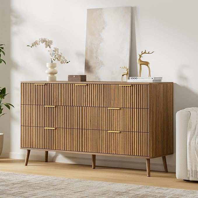 LYNSOM Fluted Dresser and Nightstand Sets 2 Piece, 2-Drawer Nightstands and 7-Drawers Dresser, Wood Bedroom Furniture Set for Home, Bedroom, Hallway, Natural Oak