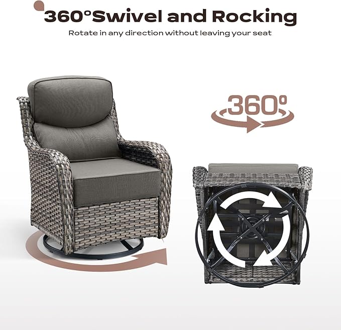 Wicker Outdoor Patio Furniture Set - 6 Piece Patio Conversation Sets with Swivel Rocker Chairs, Ottomans, Sofa and Side Table, 6 inch Cushions, Waterproof Wicker, for Porch Deck Mixed Grey/Grey
