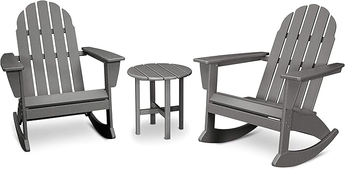 POLYWOOD Vineyard 3-Piece Adirondack Rocking Chair Set, Outdoor Patio Furniture with Side Table, Recycled Plastic, Fade-Proof Front Porch Rockers for Adults, Slate Grey