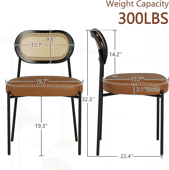 Rattan Dining Chairs Set of 2, Camel Leather Upholstered Dining Chairs with Rattan Cane Back, Mid Century Modern Dining Room Chairs with Black Metal Legs & D-Shaped Thicken Cushion, Camel