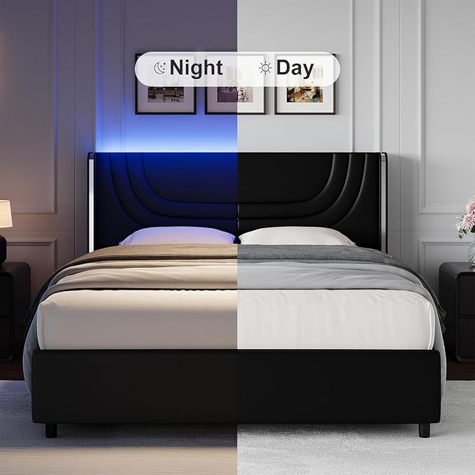 Full Size Bed Frame with LED Lights, Faux Leather Upholstered Platform with Silver Wingback Headboard, Modern Style, No Box Spring Needed, Easy Assembly, Black