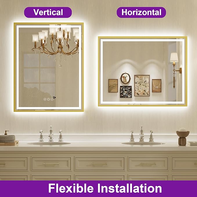 24x32 Inch LED Bathroom Mirror with Lights, Frontlit & Backlit Gold Metal Frame Mirror, Wall Mounted Lighted Vanity Mirrors for Wall, Double Lights Strips,Anti Fog Stepless Dimmable 3000K-6000K