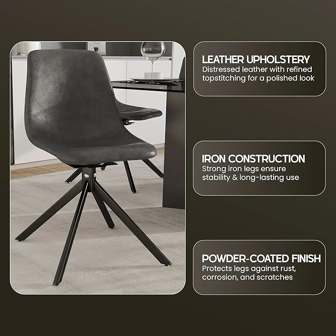 LeisureMod Markley Swivel Leather Dining Side Chair with Durable Iron Legs – Comfortable Accent Chair for Kitchen, Dining Room, or Office Set of 4