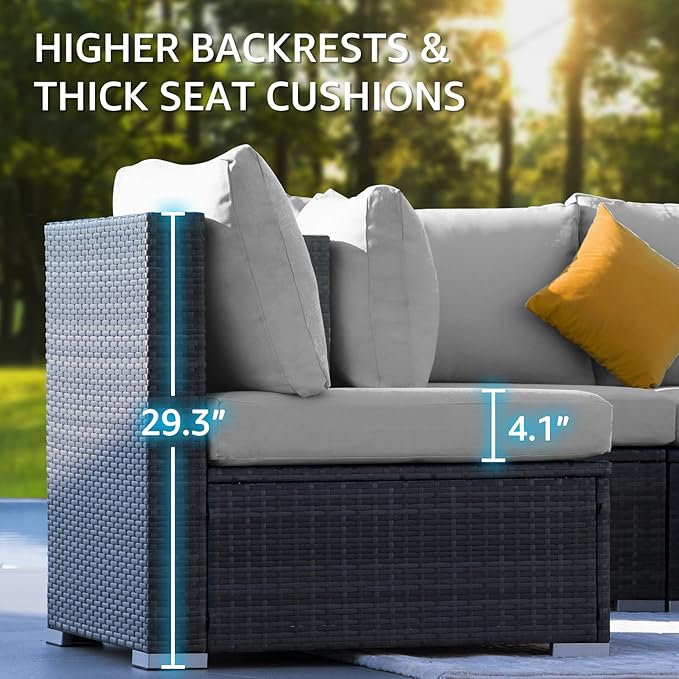 NICESOUL 11 Piece Modern Outdoor Furniture Sofa Set, 29.3'' High Back Comfy Sectional L-Shaped, Extra Large Wicker Patio Sofa Couches for 9 Person, Deep Wide Seating All-Weather Conversations, Grey