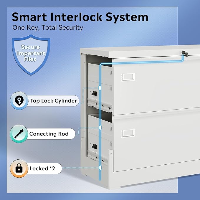 DEVAISE Metal Lateral File Cabinet with Lock, 2 Drawer Filing Cabinets for Home Office, Wide Storage Organization for Hanging Files Letter/A4/Legal/F4 Size, White, 16" D x 35" W x 29" H