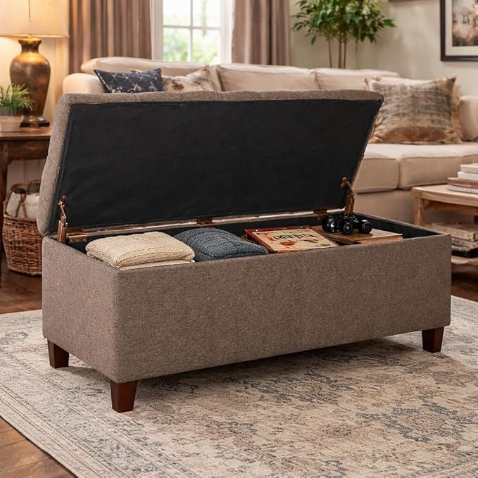 Homepop Home Decor | Tufted Ainsley Button Storage Ottoman Bench with Hinged Lid | Ottoman Bench with Storage for Living Room & Bedroom, Brown 18x40x18 inches