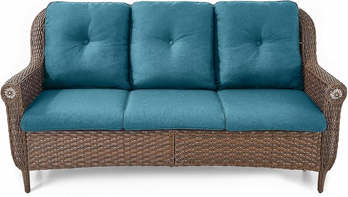 Patio Couch Outdoor Wicker Sofa - Heavy Duty All-Weather Brown Rattan 3-Seater with High Back and Comfortable Thick Cushions for Garden Back Porch Poolside Apartment - Peacock Blue