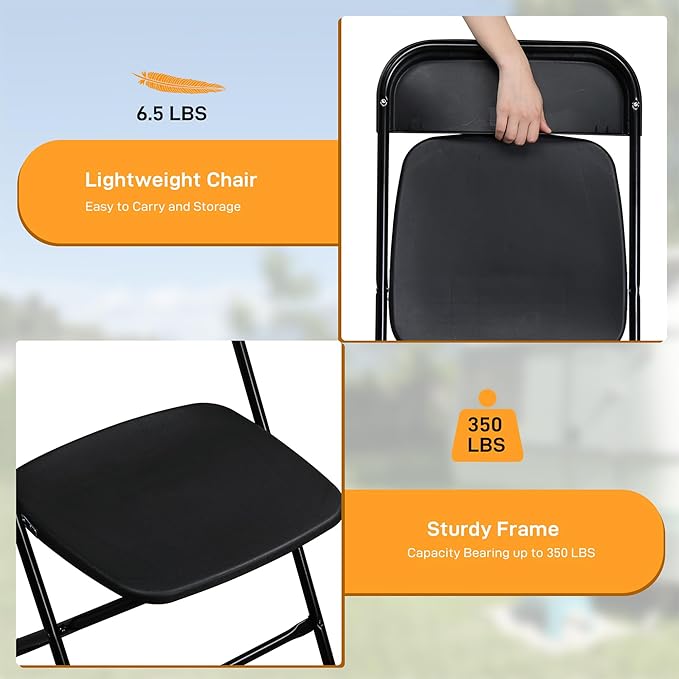 100 Pack Black Plastic Folding Chairs, Portable Party Chairs, Stackable Commercial Seats with Steel Frame for Home Office Wedding Party Indoor Outdoor Events Chairs, 350lbs Capacity